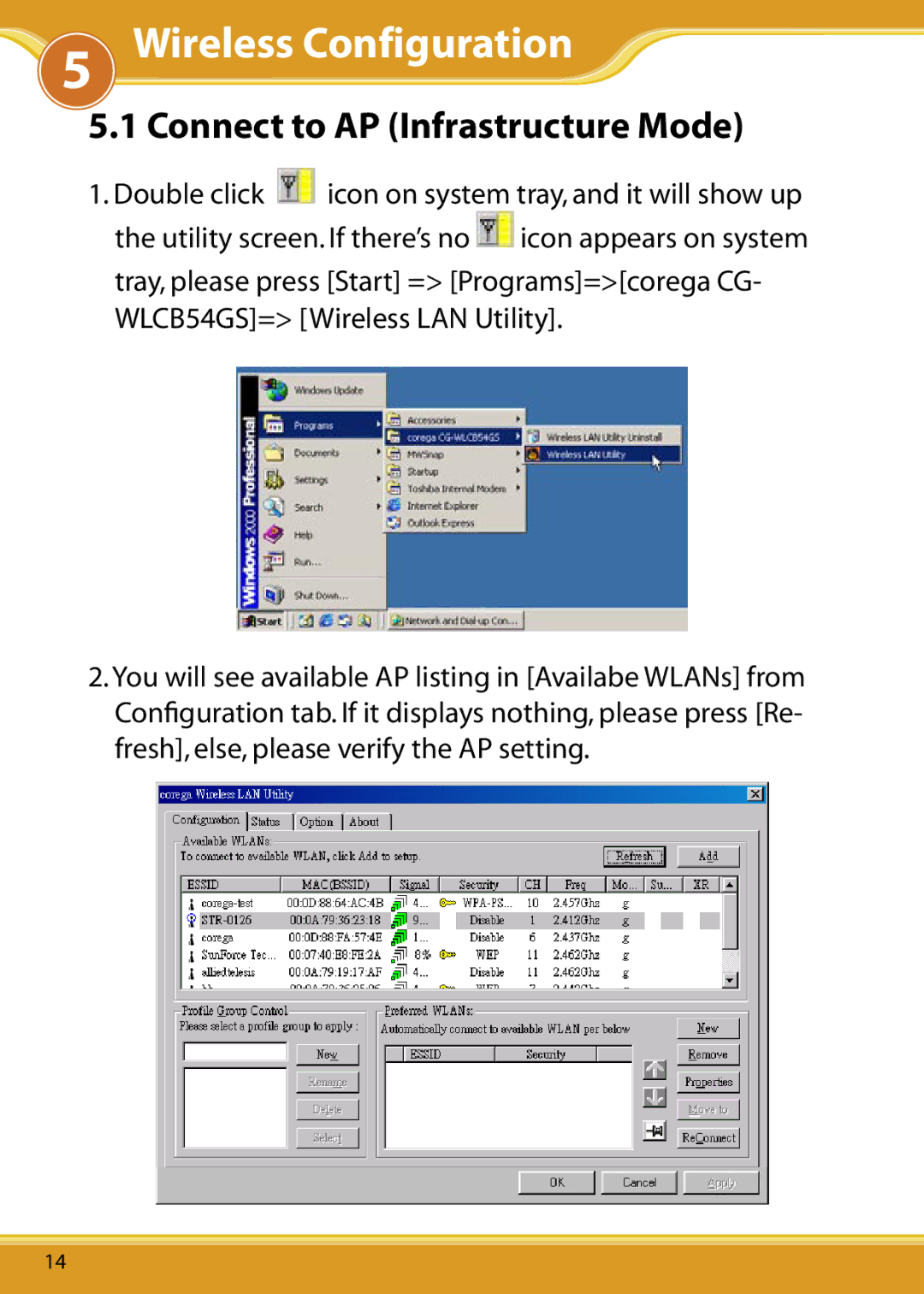 Corega 108M user manual Wireless Configuration, Connect to AP Infrastructure Mode 