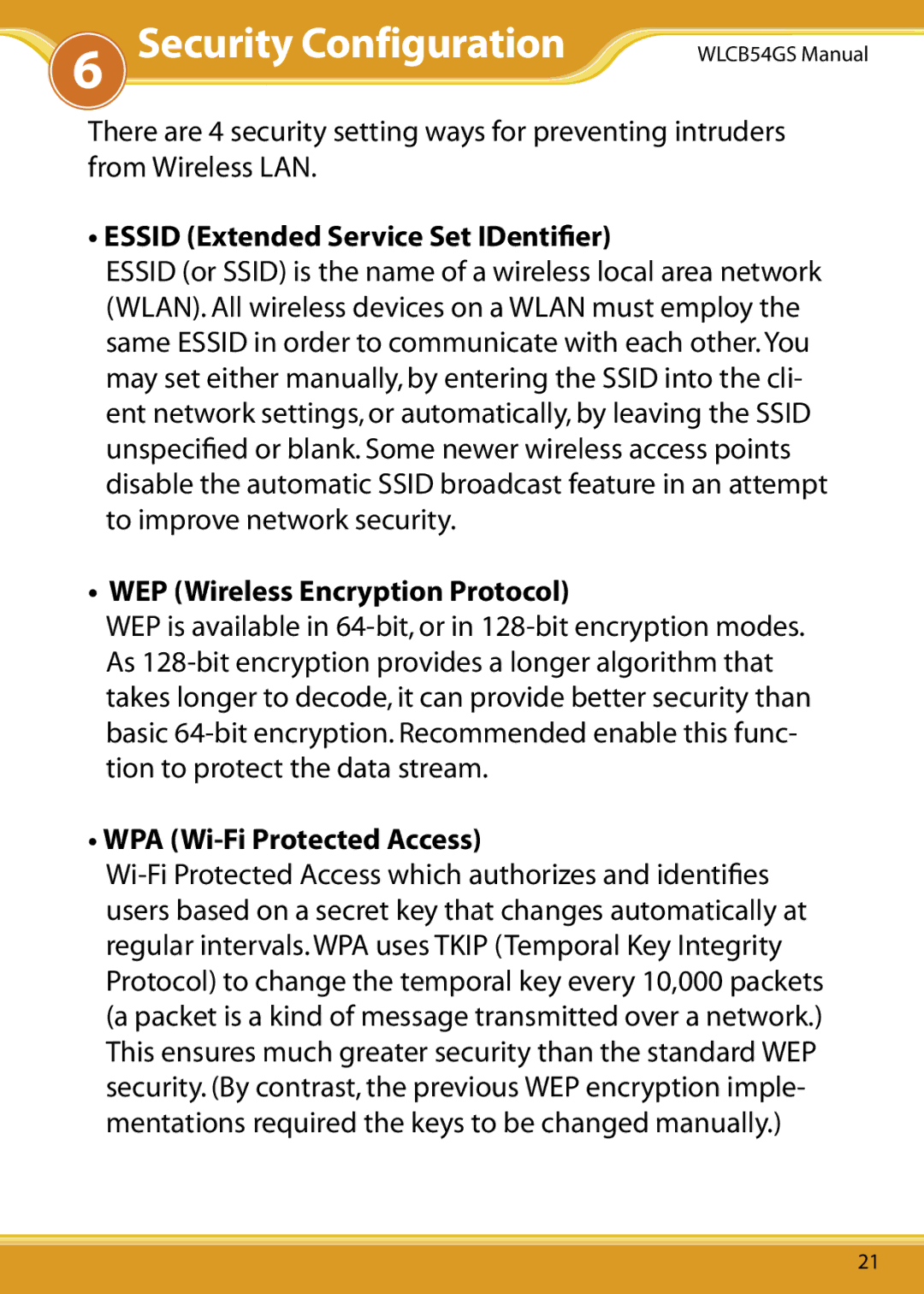 Corega 108M user manual Security Configuration, Essid Extended Service Set IDentiﬁer 