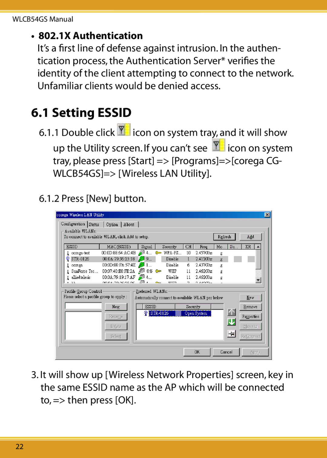 Corega 108M user manual Setting Essid, 802.1X Authentication 