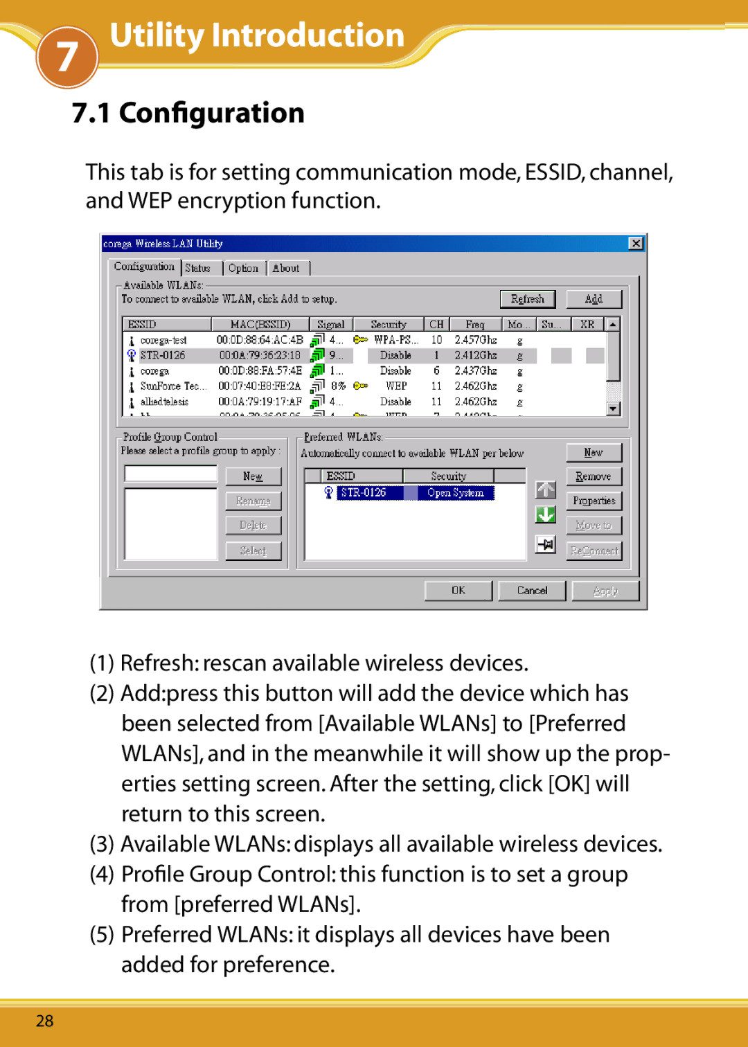 Corega 108M user manual Utility Introduction, Conﬁguration 