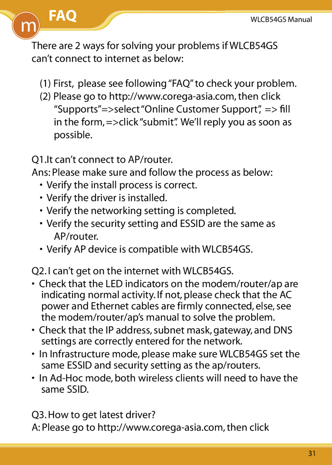 Corega 108M user manual Faq 