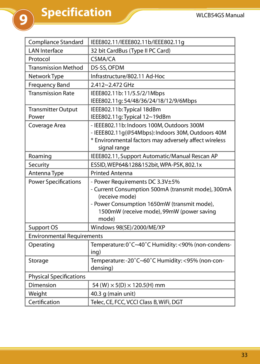 Corega 108M user manual Specification, DS-SS, Ofdm 