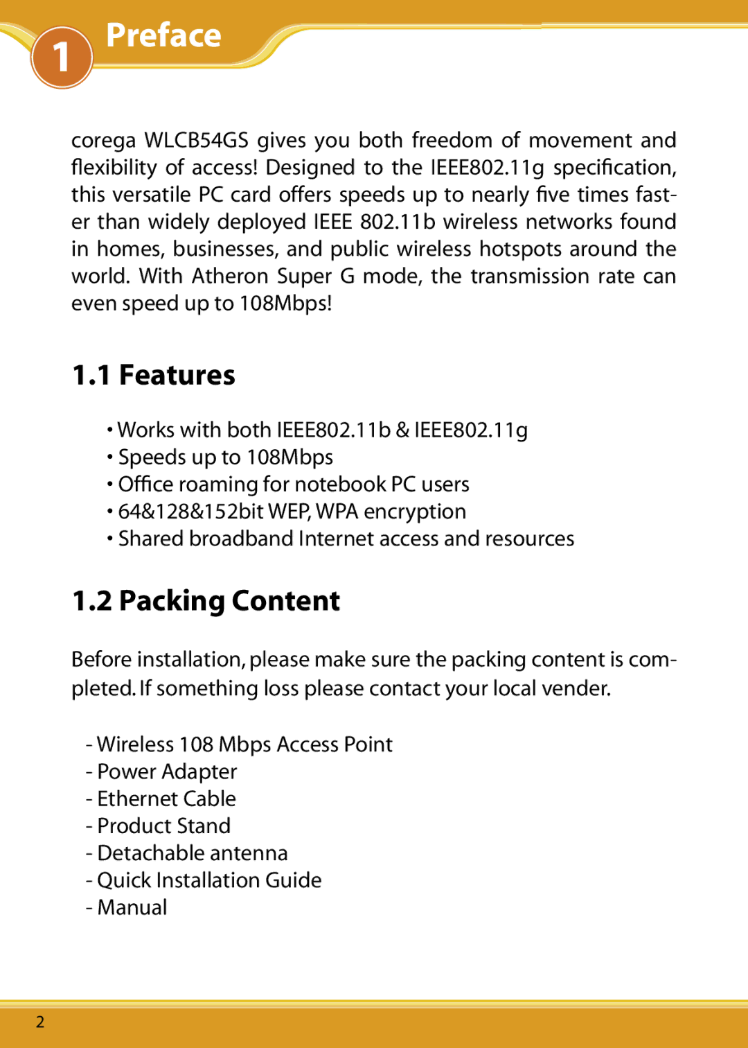 Corega 108M user manual Preface, Features, Packing Content 