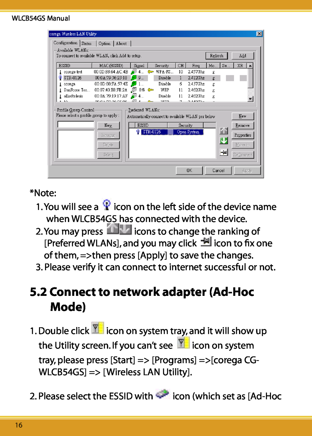 Corega 108M user manual Connect to network adapter Ad-Hoc Mode, Please verify it can connect to internet successful or not 