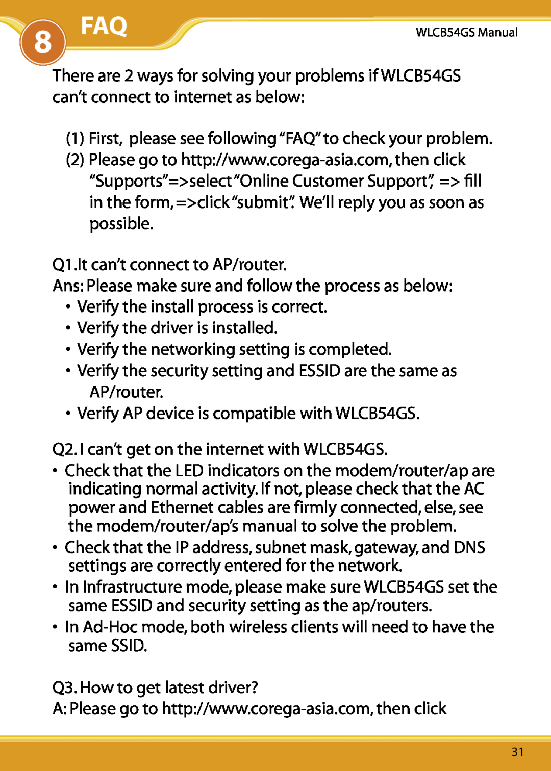 Corega 108M user manual 8 FAQ 