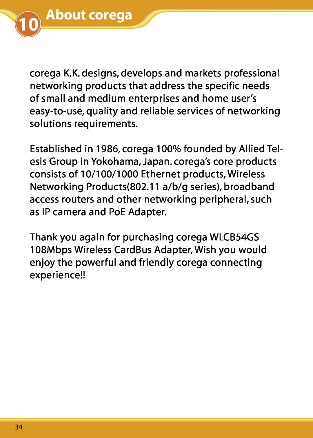 Corega 108M user manual About corega, WLCB54GS10 Manual 