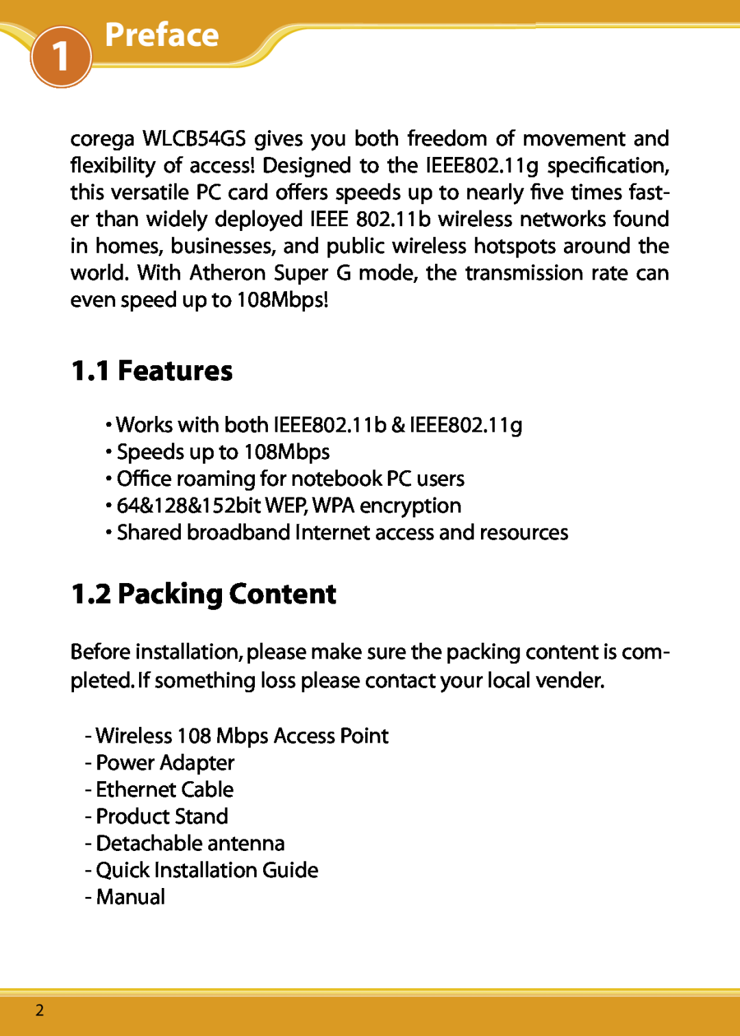 Corega 108M user manual Preface, Features, Packing Content 