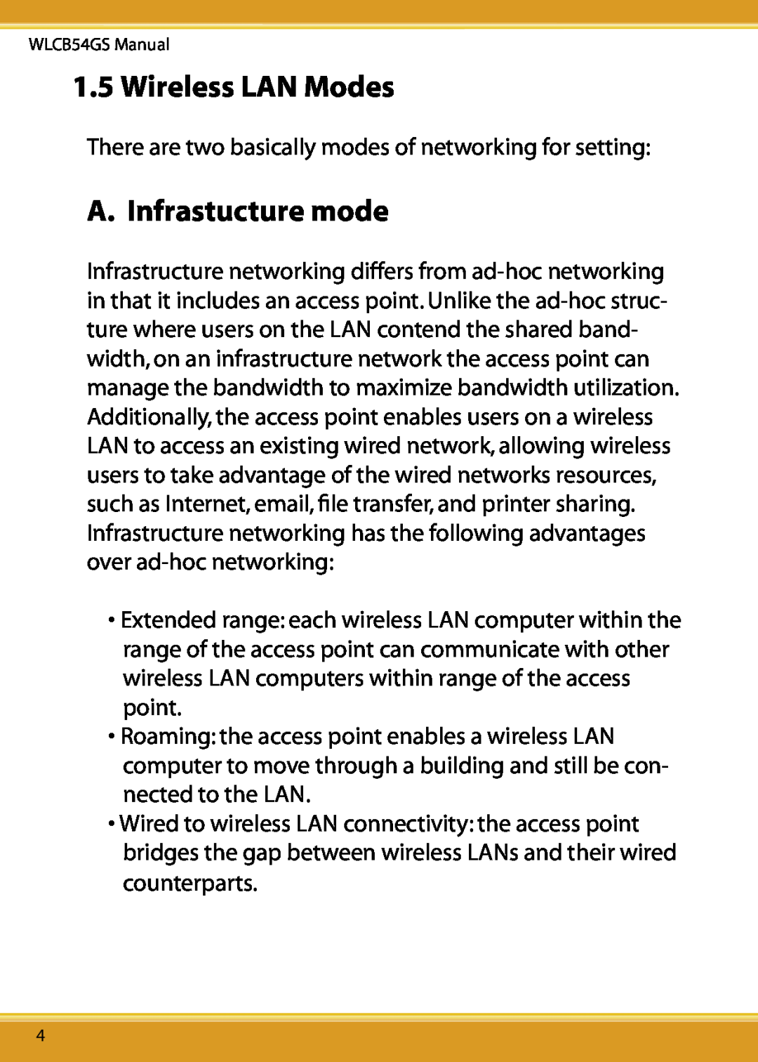 Corega 108M user manual Wireless LAN Modes, A. Infrastucture mode 