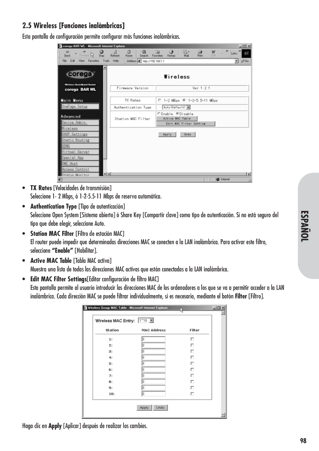 Corega 613-00041-01 manual Wireless Funciones inalámbricas, Edit MAC Filter SettingsEditar configuración de filtro MAC 