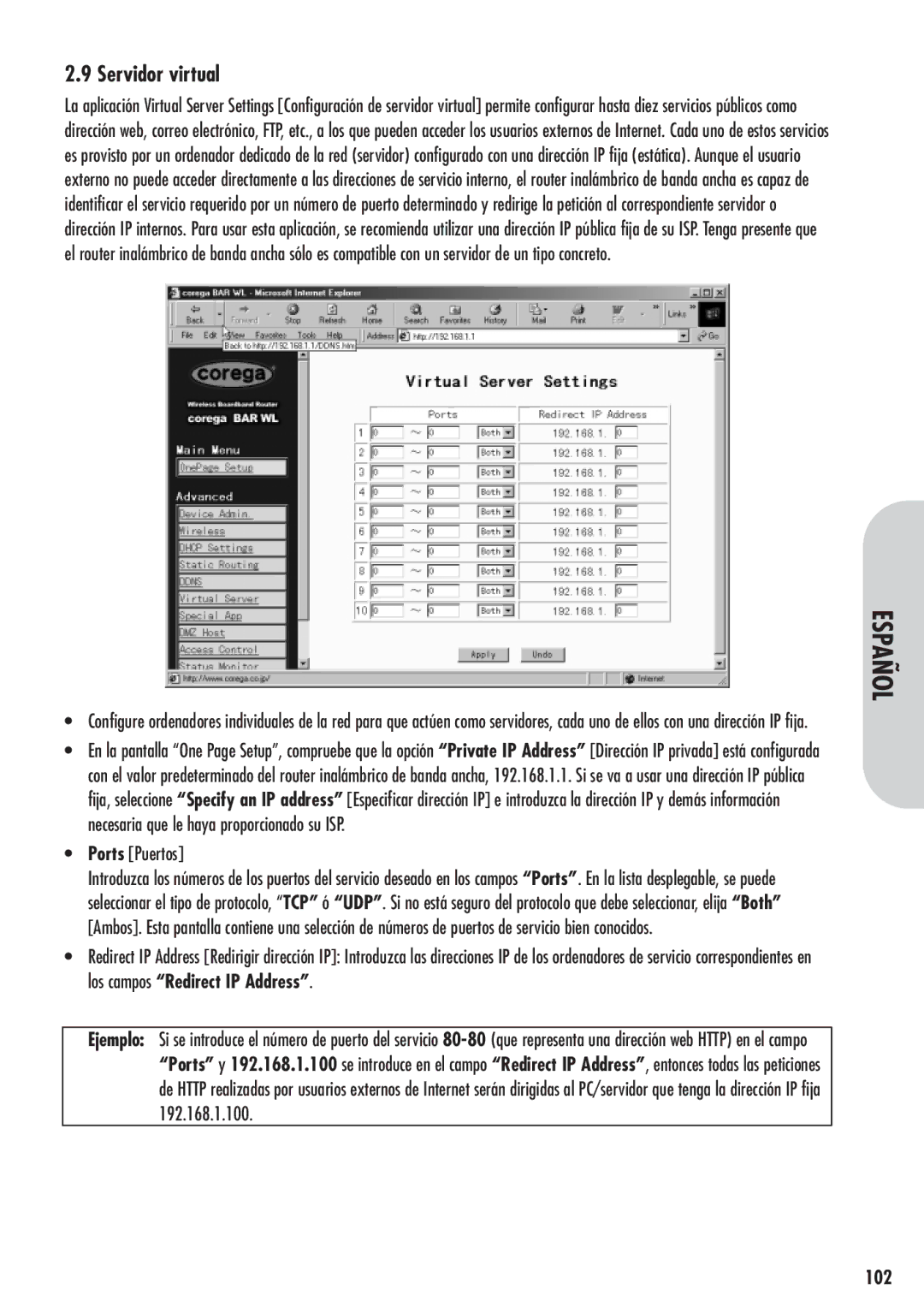 Corega 613-00041-01 manual Servidor virtual, Ports Puertos, 102 