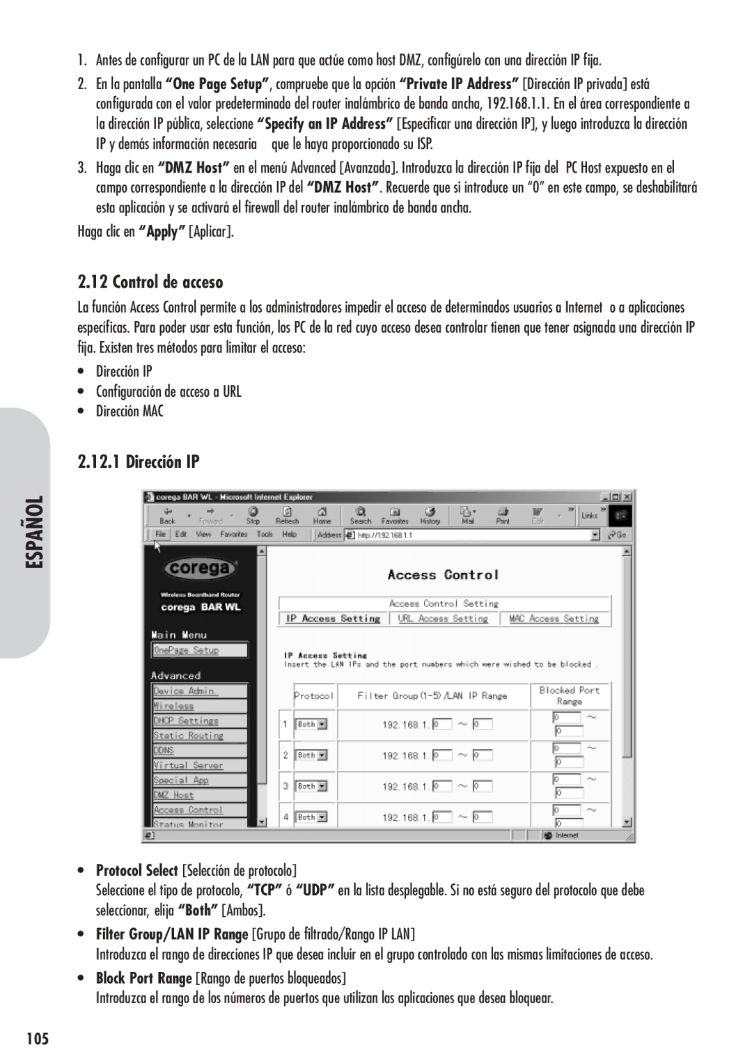 Corega 613-00041-01 manual Control de acceso, Dirección IP, 105 