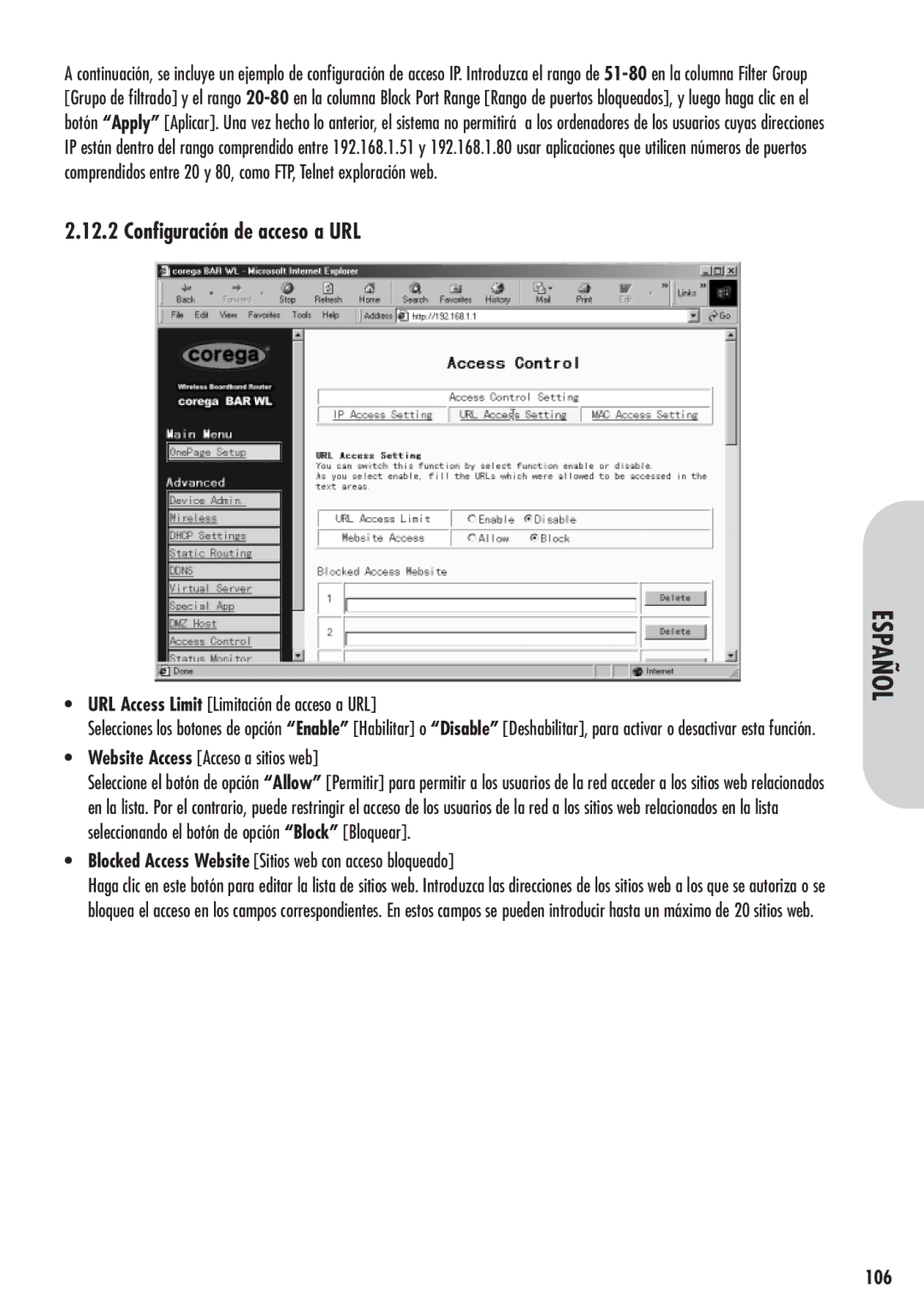 Corega 613-00041-01 manual Configuración de acceso a URL, URL Access Limit Limitación de acceso a URL, 106 