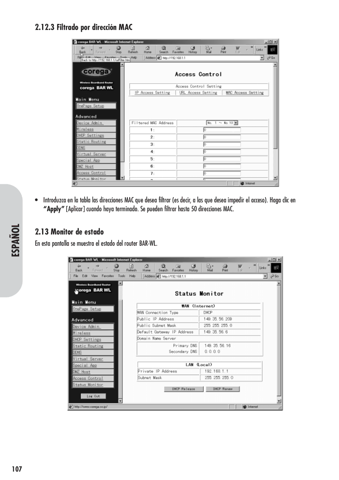 Corega 613-00041-01 Filtrado por dirección MAC, Monitor de estado, En esta pantalla se muestra el estado del router BAR-WL 