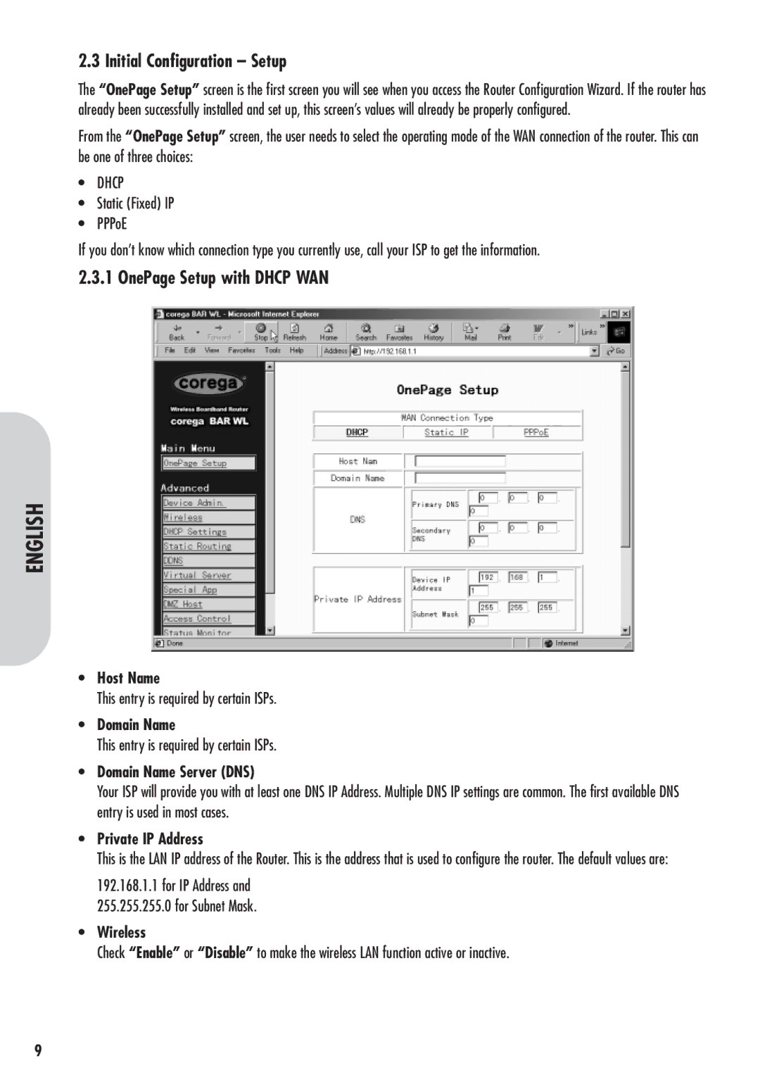 Corega 613-00041-01 manual Initial Configuration Setup, OnePage Setup with Dhcp WAN 