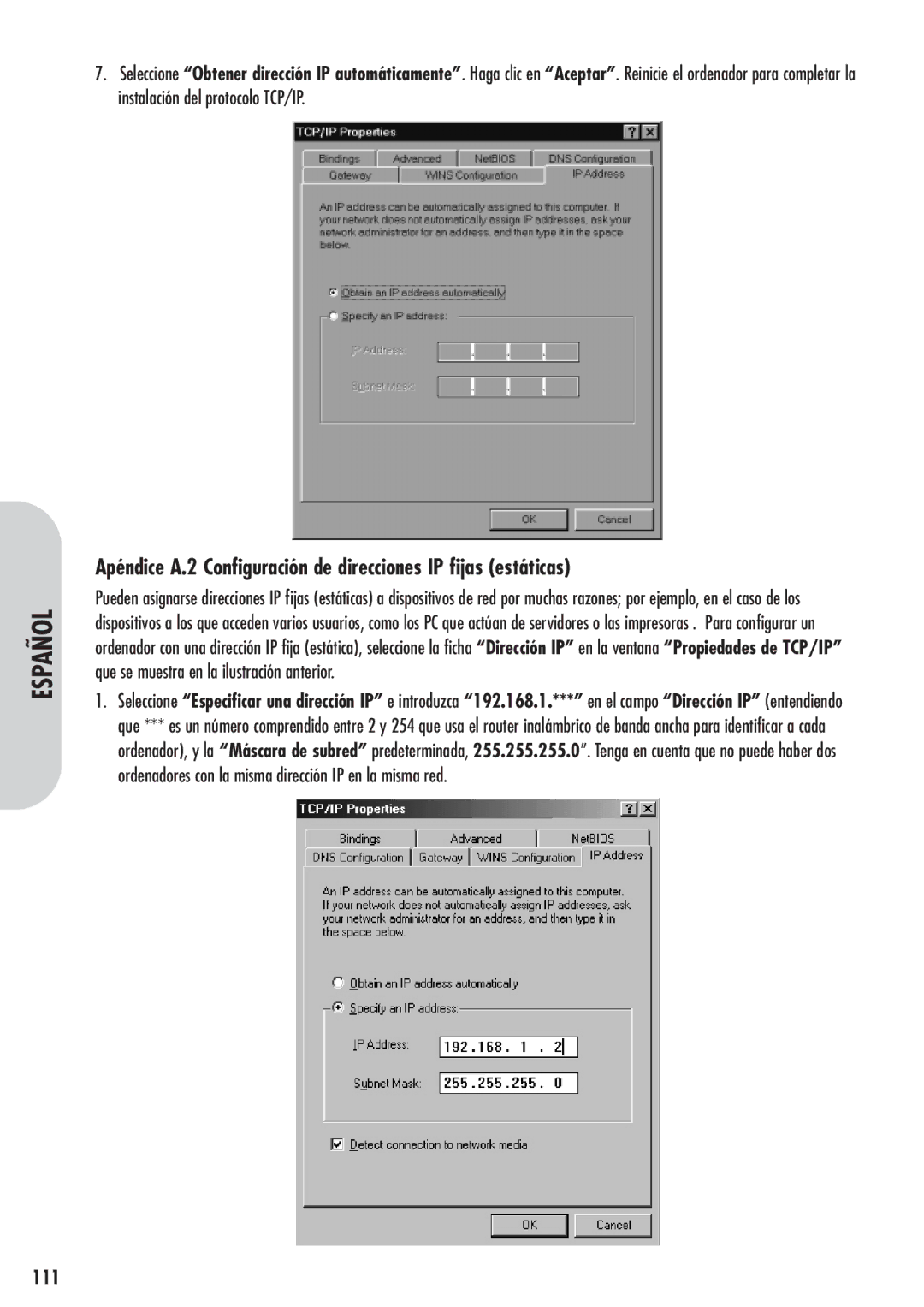 Corega 613-00041-01 manual Apéndice A.2 Configuración de direcciones IP fijas estáticas, 111 