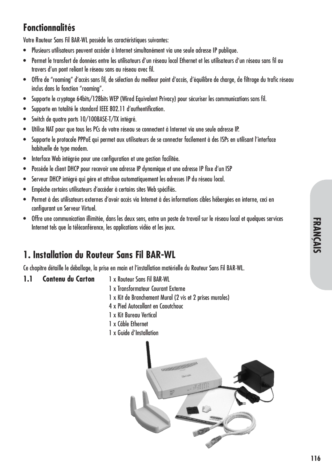 Corega 613-00041-01 manual Fonctionnalités, Kit Bureau Vertical Câble Ethernet Guide d’Installation 