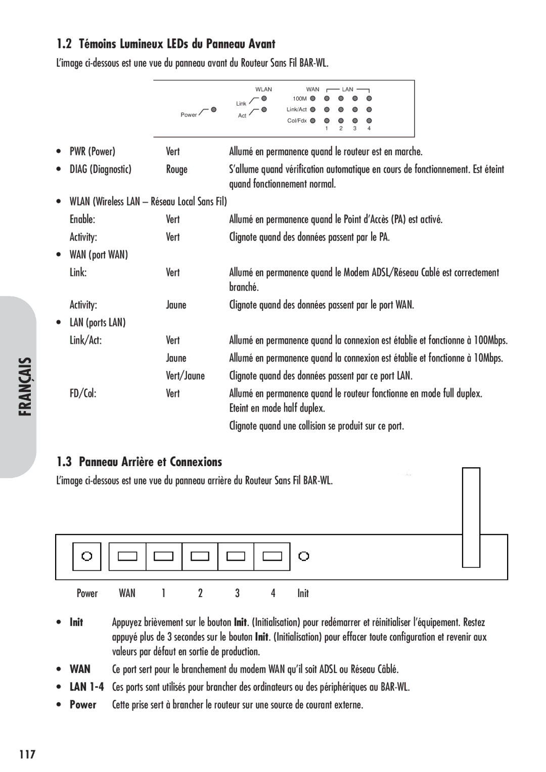 Corega 613-00041-01 manual Témoins Lumineux LEDs du Panneau Avant, Panneau Arrière et Connexions, Enable Vert, 117 