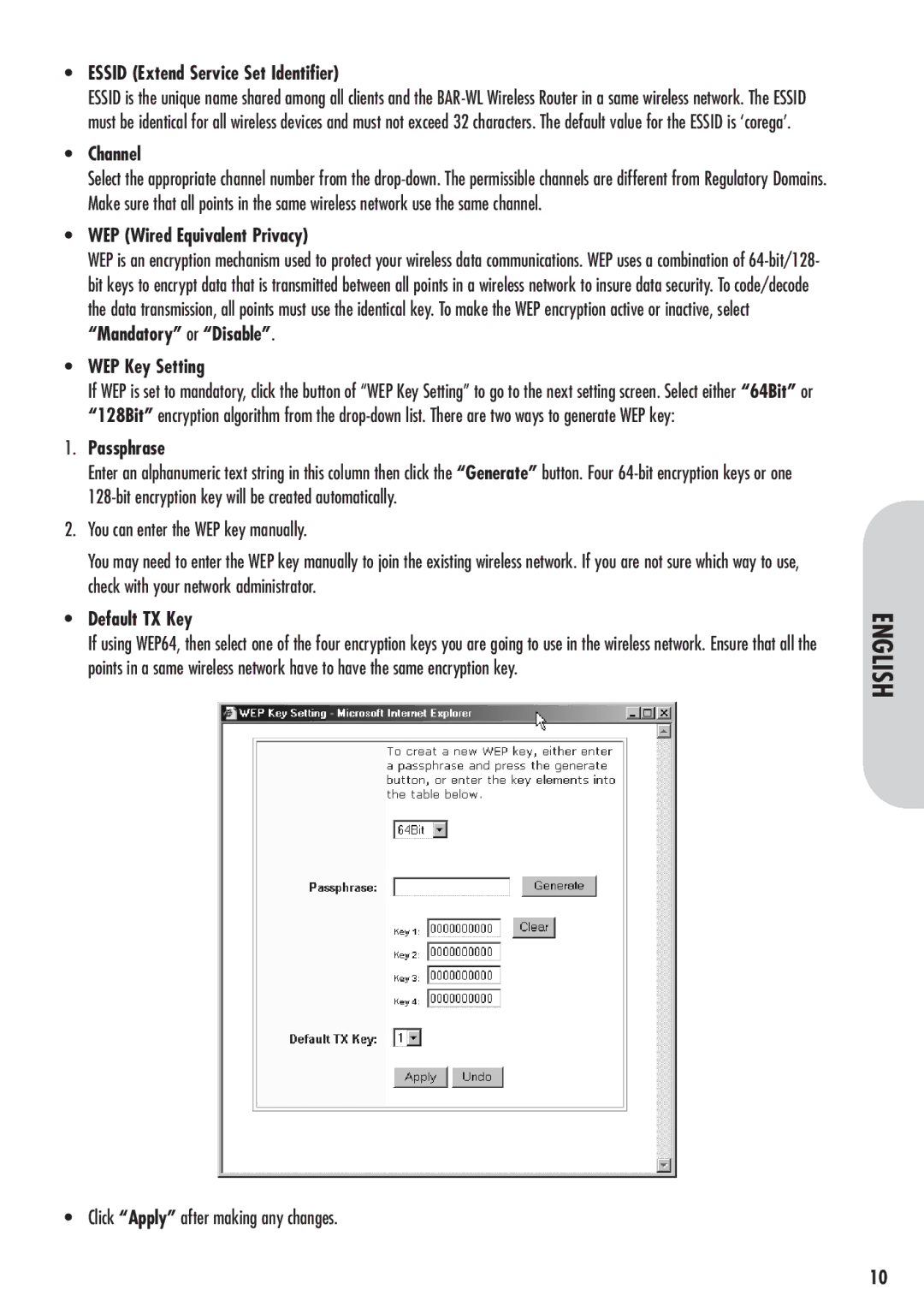 Corega 613-00041-01 manual Essid Extend Service Set Identifier, Channel, WEP Wired Equivalent Privacy, WEP Key Setting 