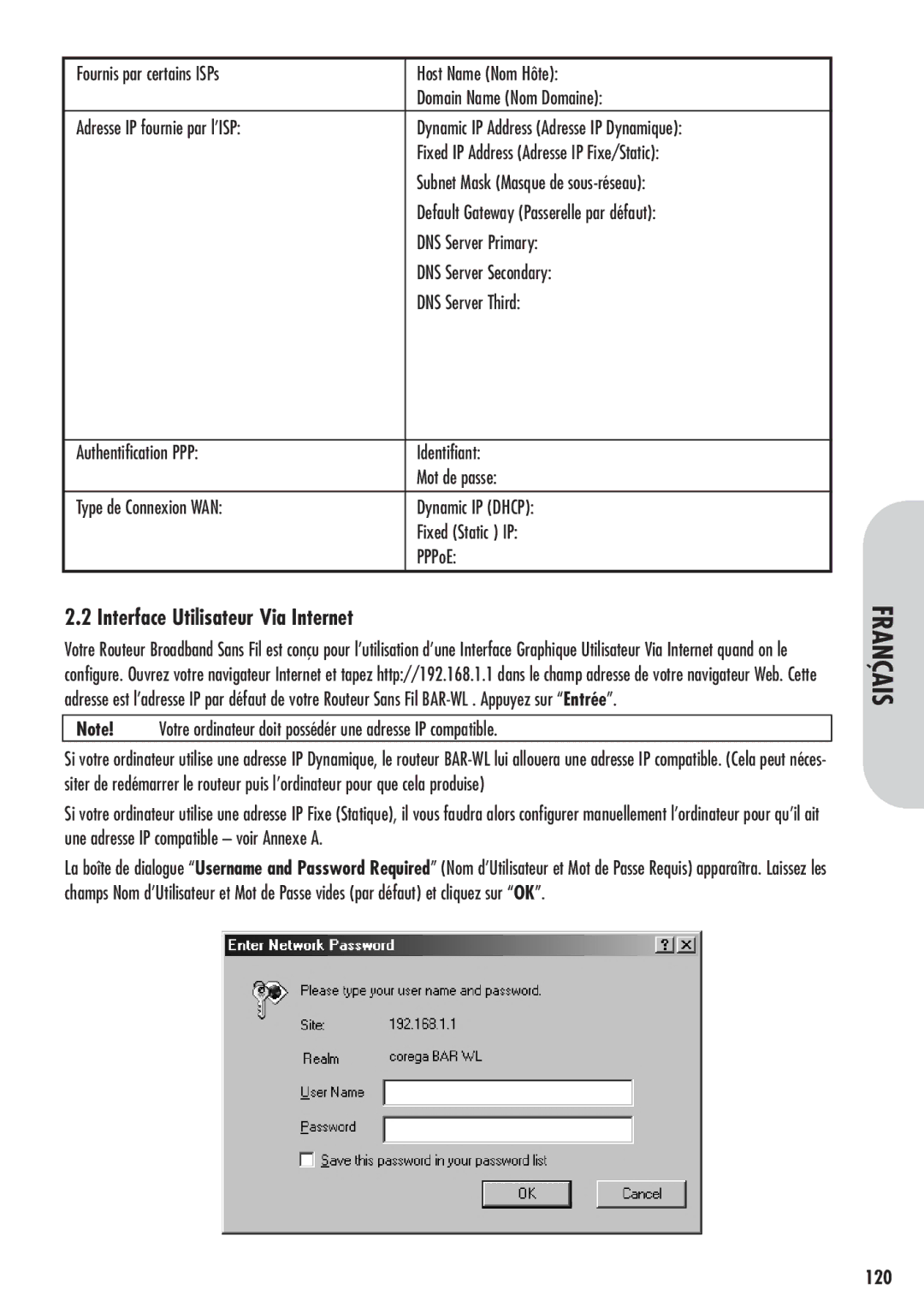 Corega 613-00041-01 manual Interface Utilisateur Via Internet, 120 