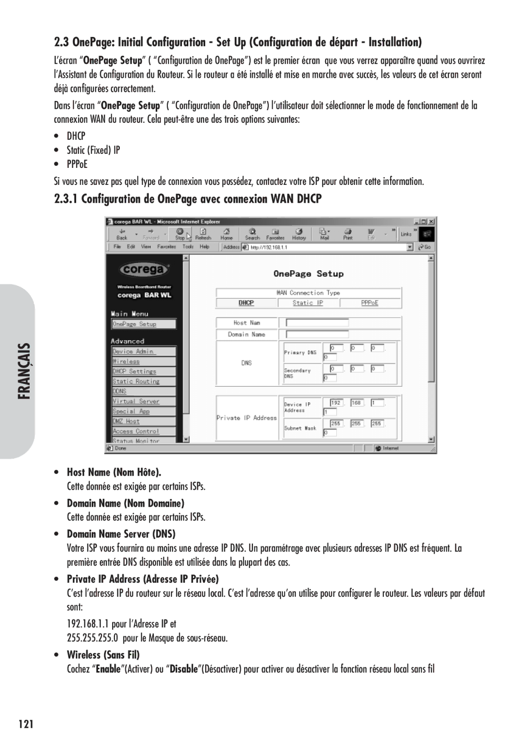 Corega 613-00041-01 manual Configuration de OnePage avec connexion WAN Dhcp 