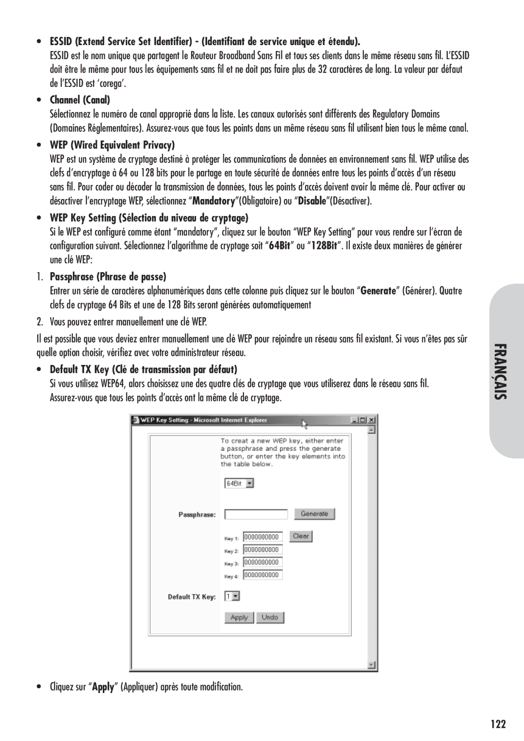 Corega 613-00041-01 manual WEP Key Setting Sélection du niveau de cryptage, Passphrase Phrase de passe, 122 