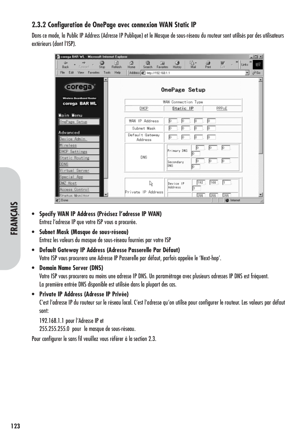 Corega 613-00041-01 manual Configuration de OnePage avec connexion WAN Static IP, Subnet Mask Masque de sous-réseau, 123 