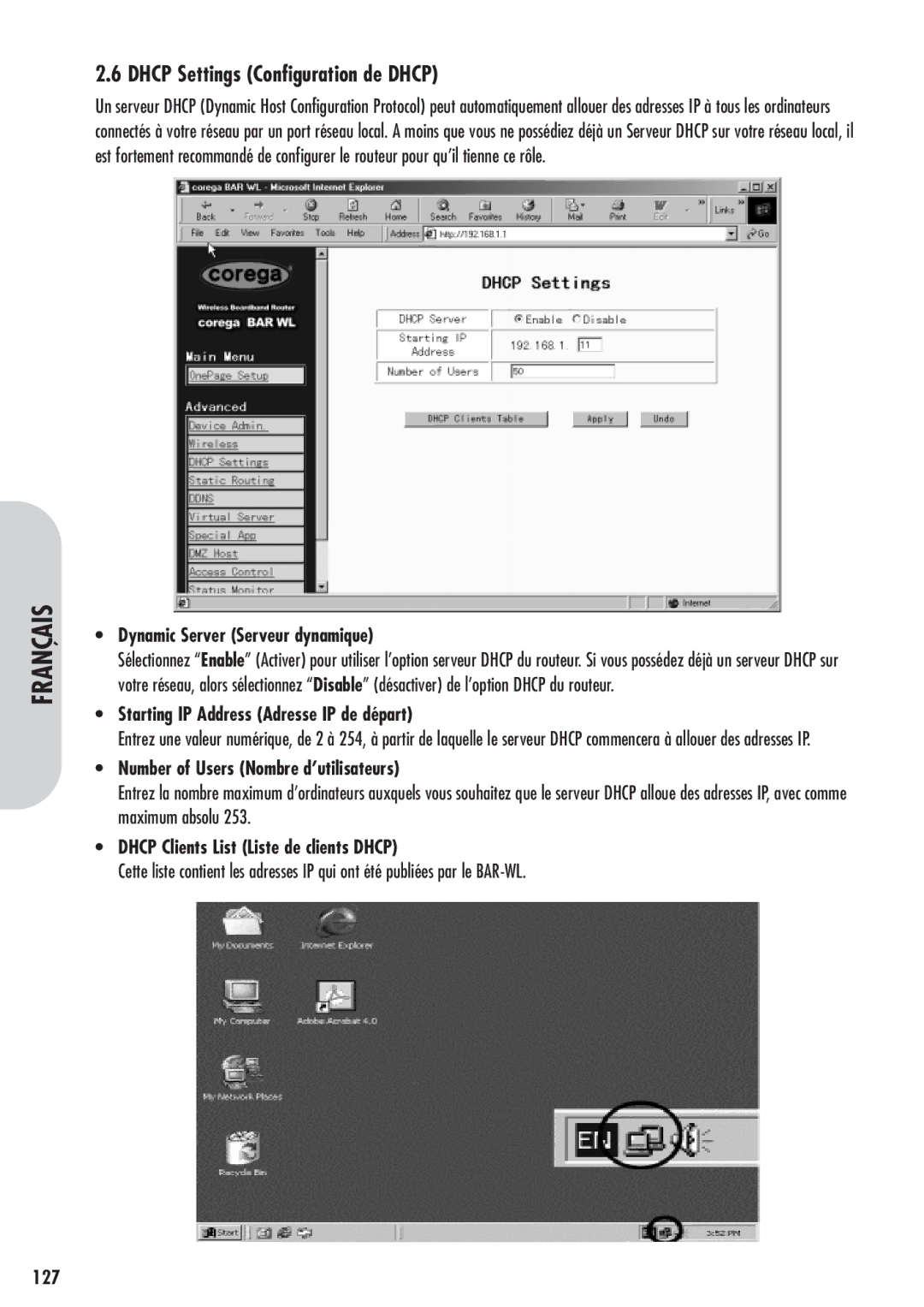 Corega 613-00041-01 manual Dhcp Settings Configuration de Dhcp 