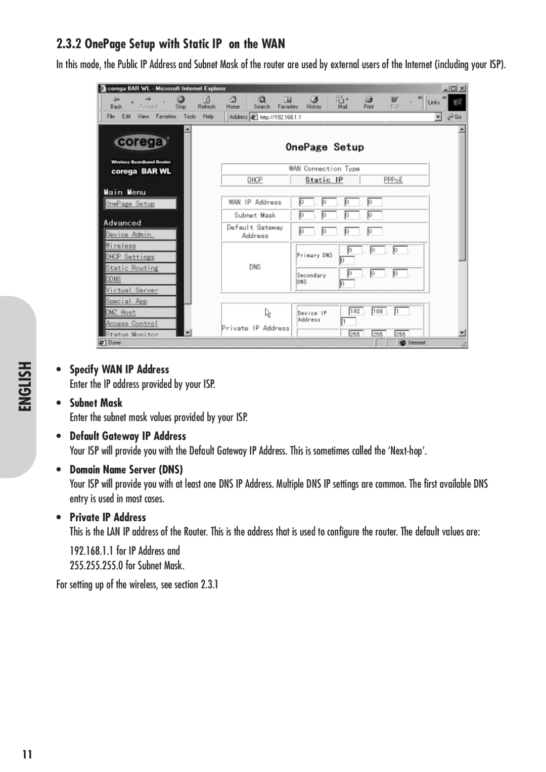 Corega 613-00041-01 manual OnePage Setup with Static IP on the WAN, Specify WAN IP Address, Subnet Mask 