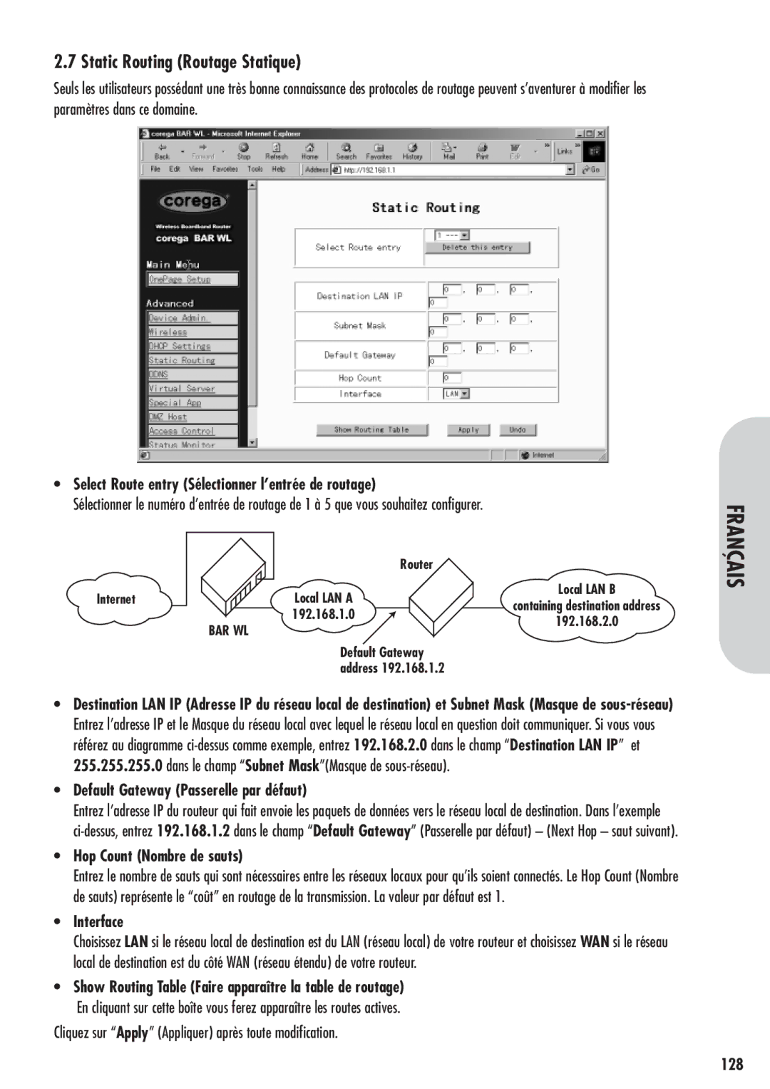 Corega 613-00041-01 manual Static Routing Routage Statique 