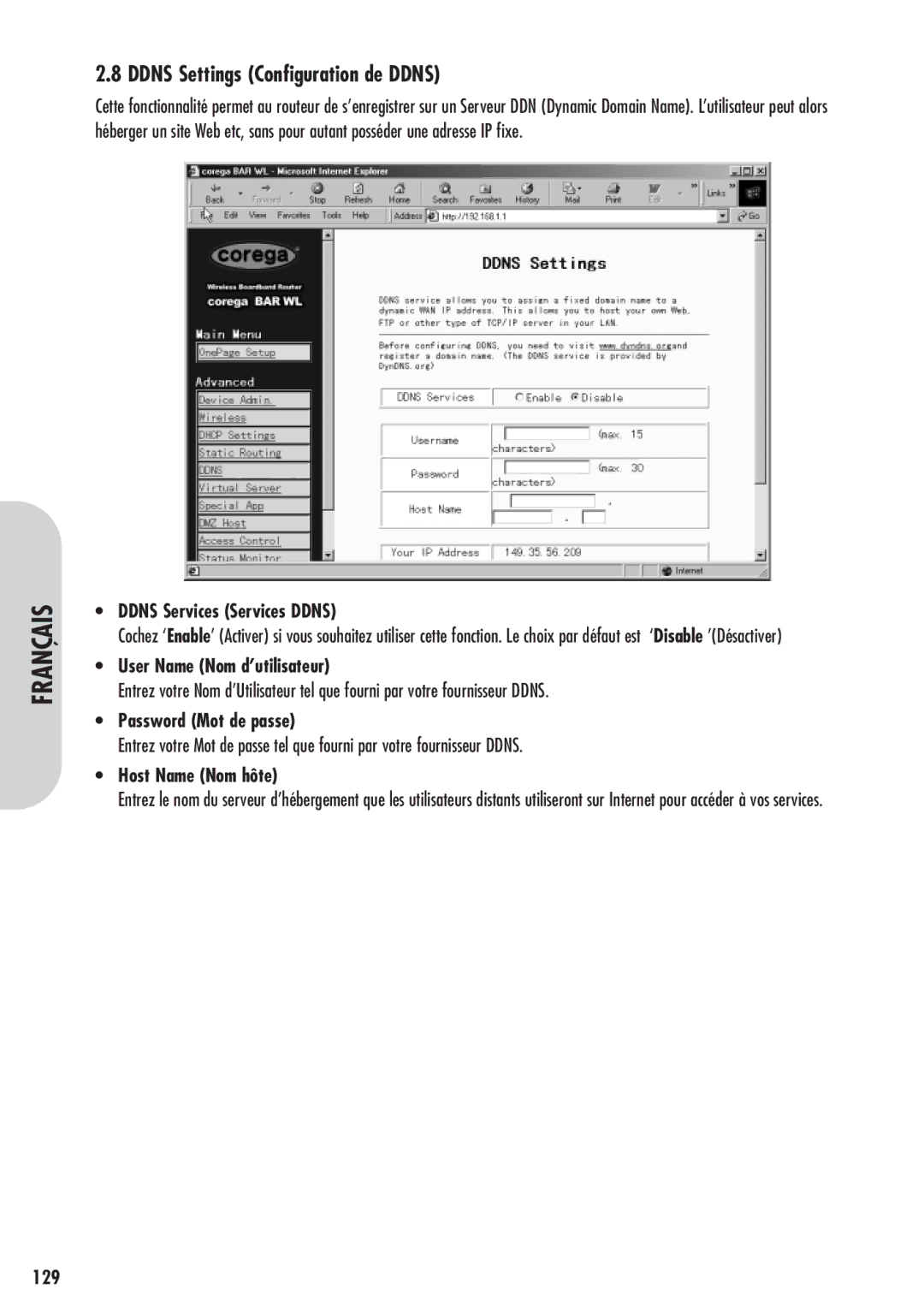 Corega 613-00041-01 manual Ddns Settings Configuration de Ddns, Ddns Services Services Ddns, 129 