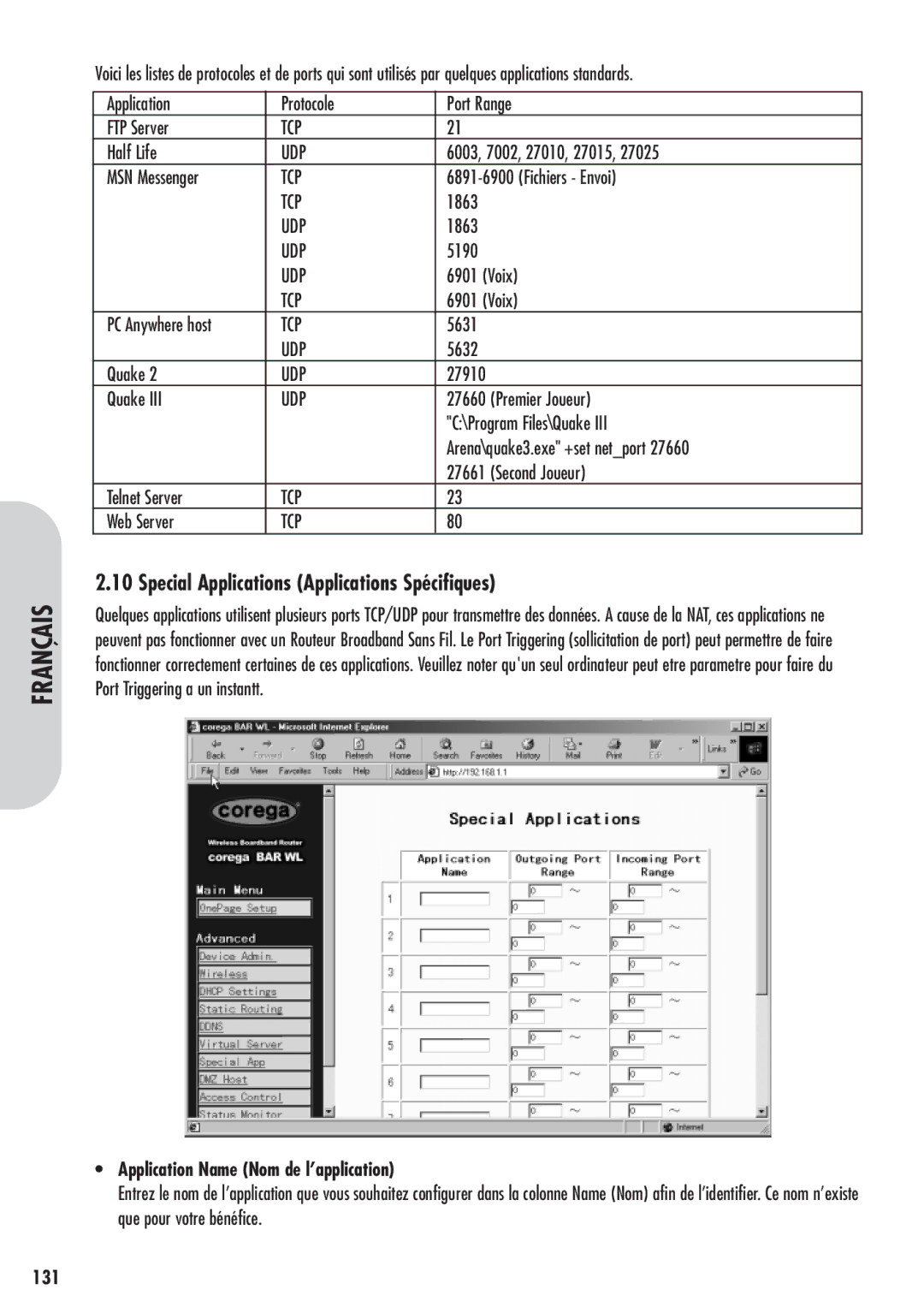 Corega 613-00041-01 manual Special Applications Applications Spécifiques, Application Name Nom de l’application, 131 