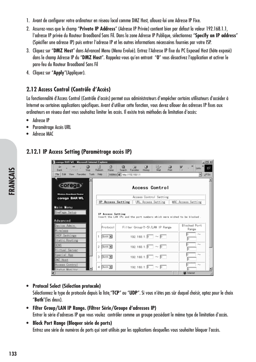 Corega 613-00041-01 manual Access Control Contrôle d’Accès, IP Access Setting Paramétrage accès IP, 133 