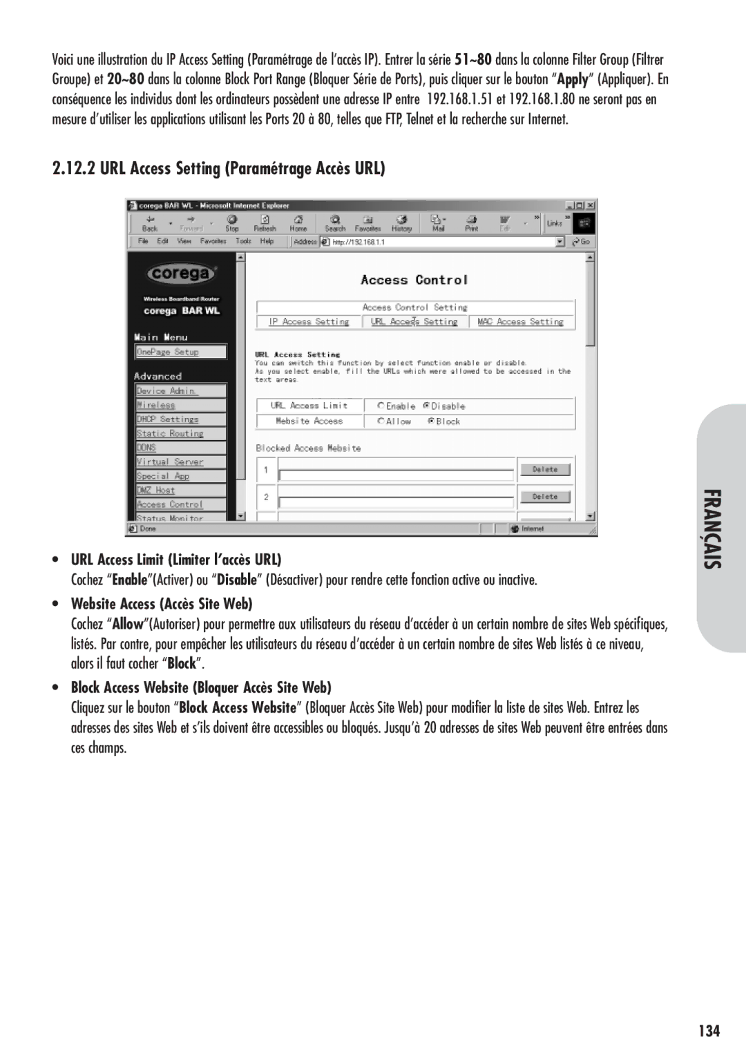 Corega 613-00041-01 manual URL Access Setting Paramétrage Accès URL, URL Access Limit Limiter l’accès URL, 134 