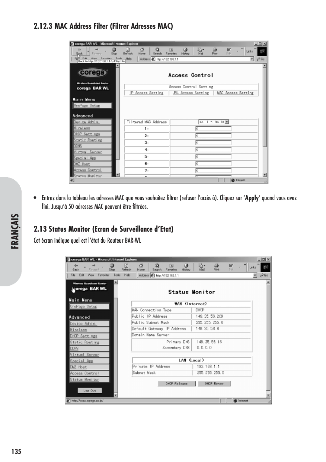 Corega 613-00041-01 manual MAC Address Filter Filtrer Adresses MAC, Status Monitor Ecran de Surveillance d’Etat, 135 