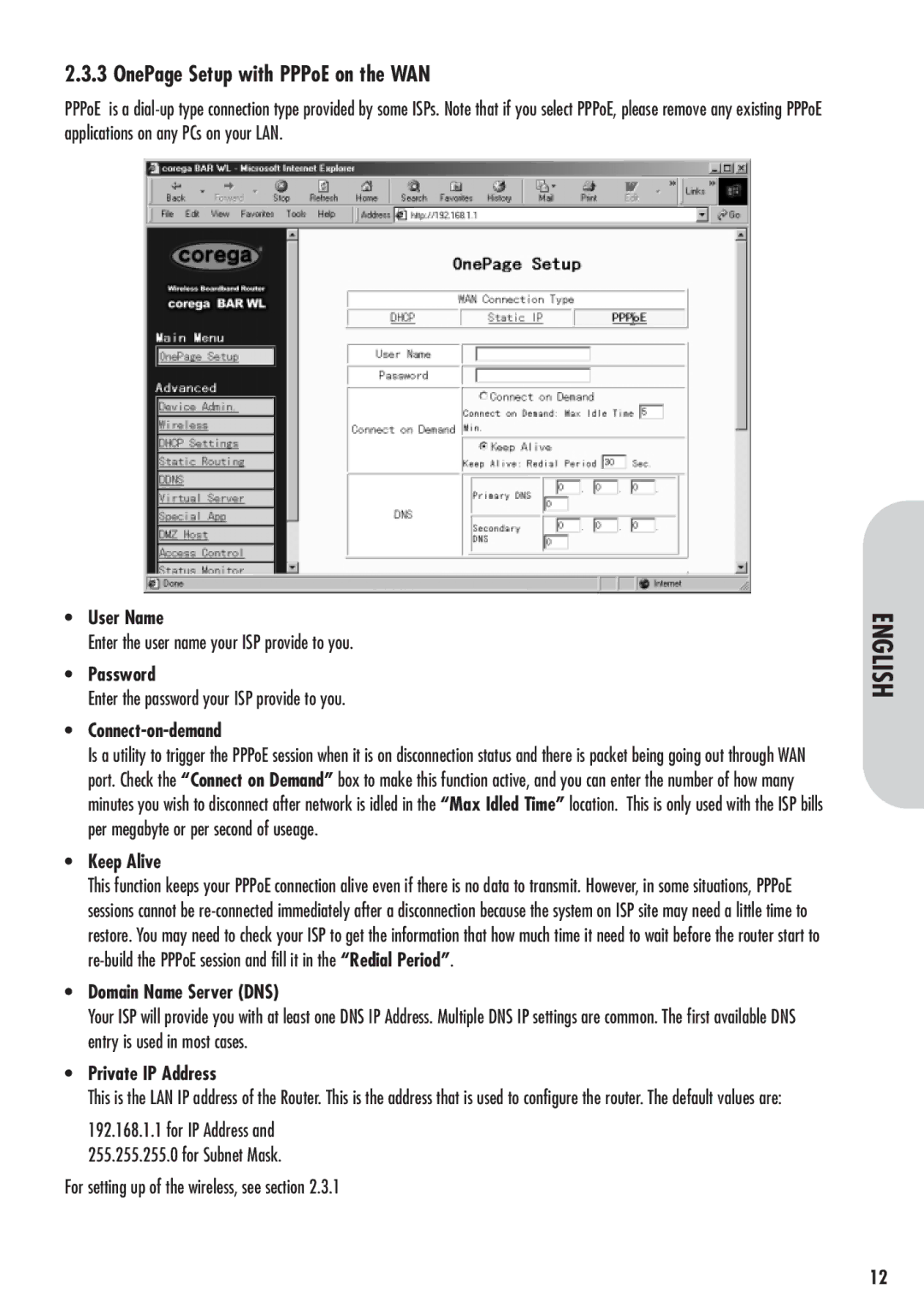 Corega 613-00041-01 manual OnePage Setup with PPPoE on the WAN, User Name, Password, Connect-on-demand, Keep Alive 