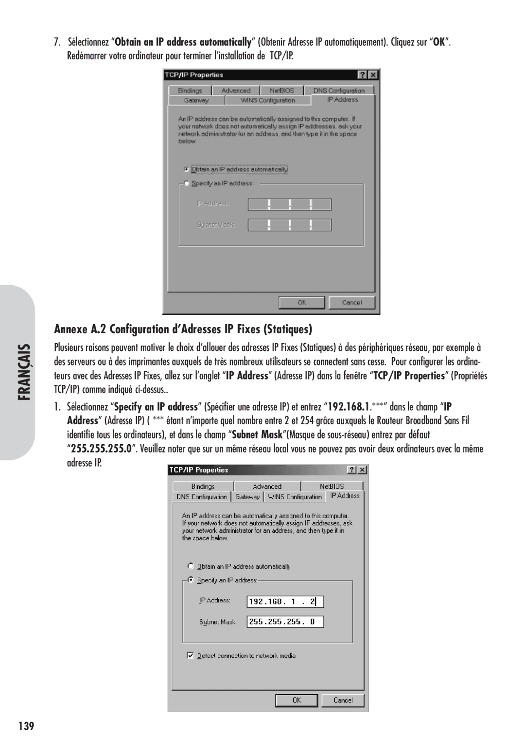 Corega 613-00041-01 manual Annexe A.2 Configuration d’Adresses IP Fixes Statiques, 139 