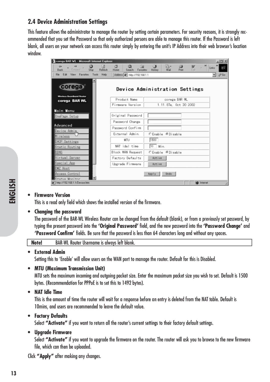 Corega 613-00041-01 manual Device Administration Settings 