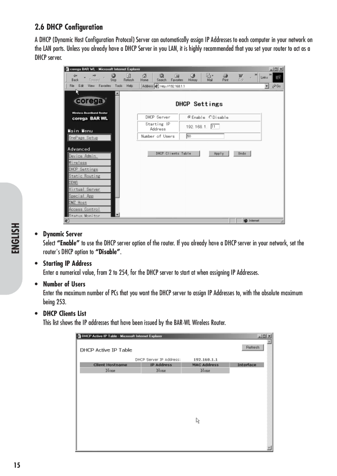 Corega 613-00041-01 manual Dhcp Configuration, Dynamic Server, Starting IP Address, Number of Users, Dhcp Clients List 