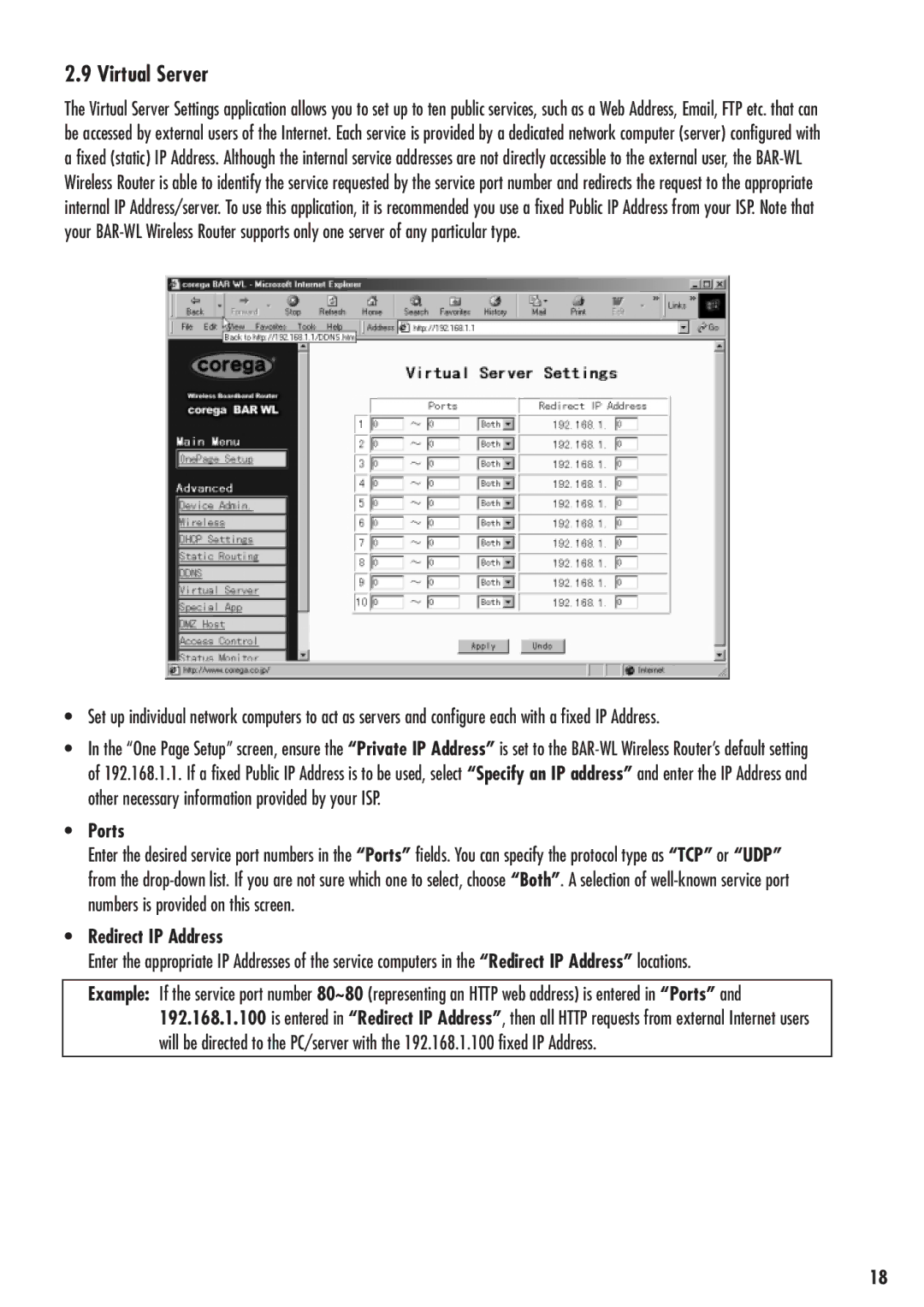 Corega 613-00041-01 manual Virtual Server, Ports, Redirect IP Address 