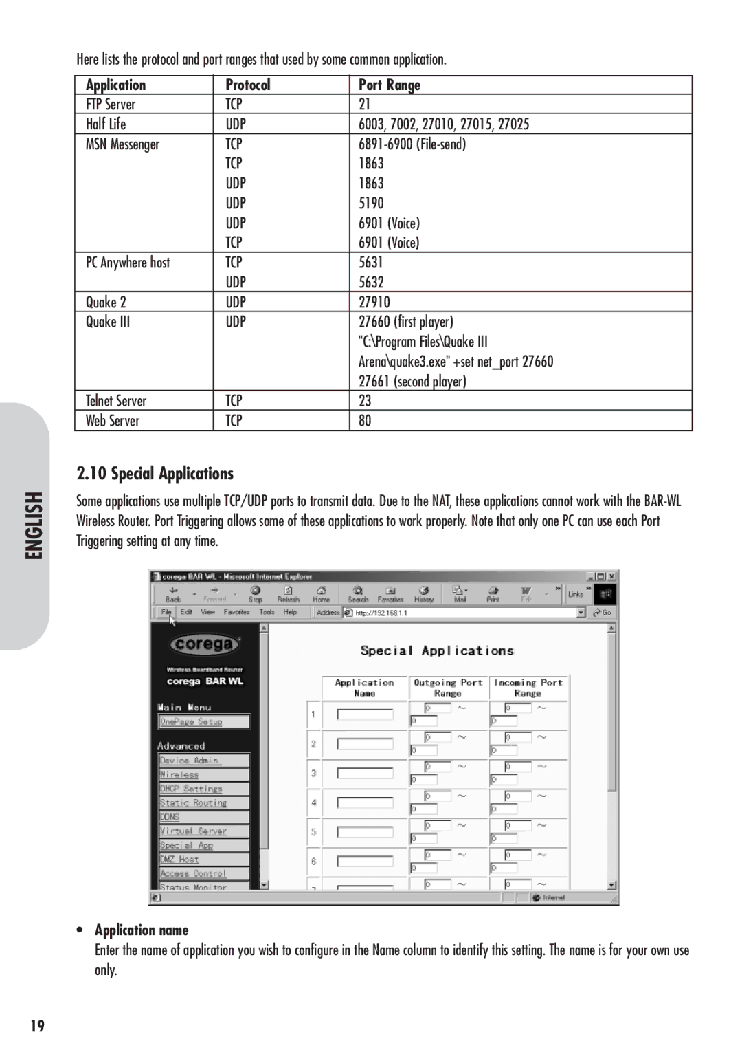 Corega 613-00041-01 manual Special Applications, Application Protocol Port Range, Application name 