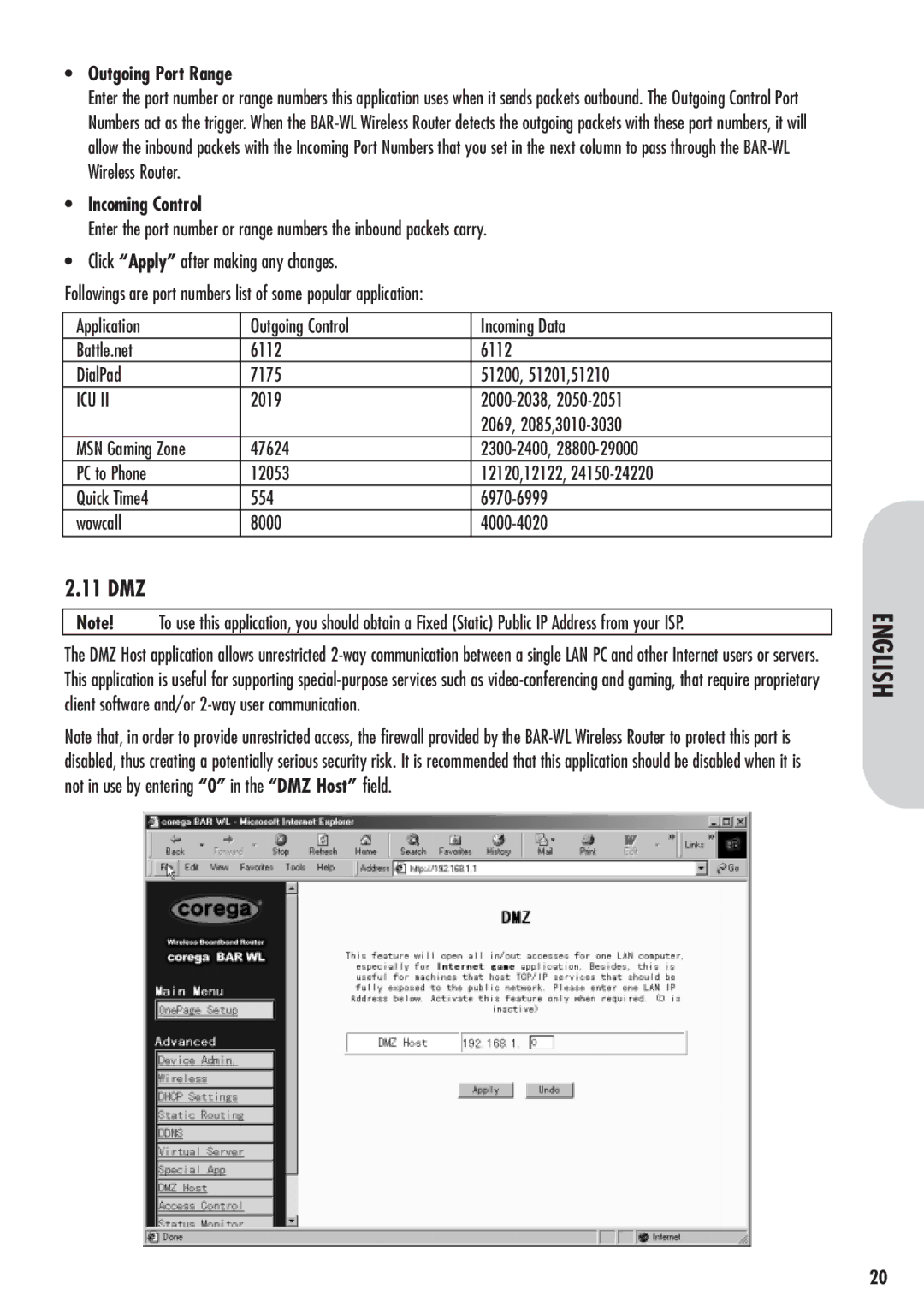 Corega 613-00041-01 manual 11 DMZ, Outgoing Port Range, Incoming Control 