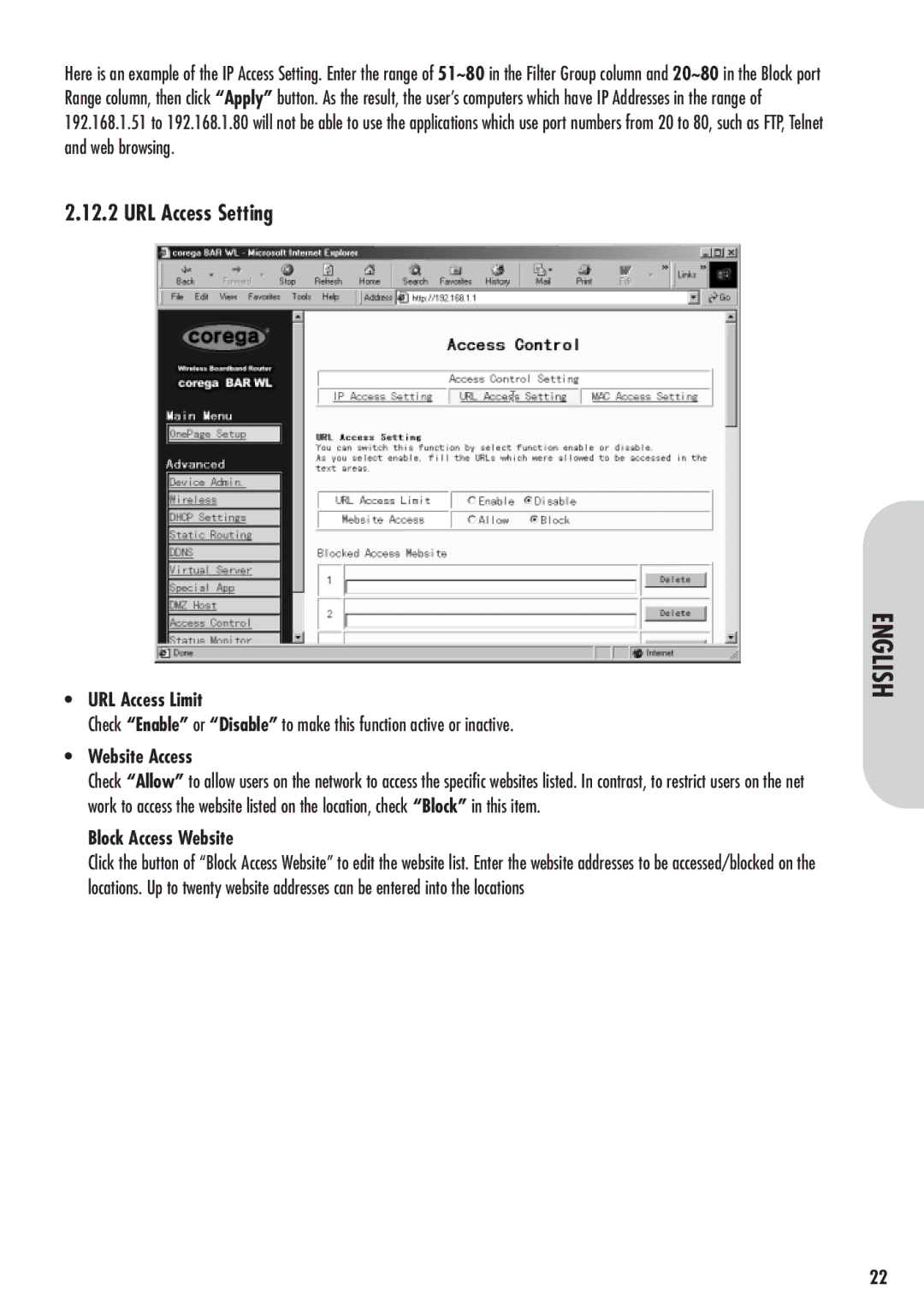 Corega 613-00041-01 manual URL Access Setting, URL Access Limit, Website Access, Block Access Website 