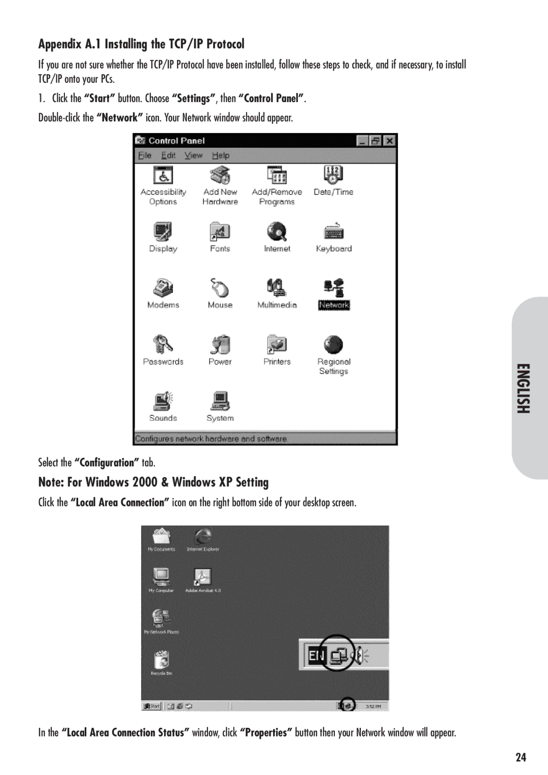 Corega 613-00041-01 manual Appendix A.1 Installing the TCP/IP Protocol, Select the Configuration tab 