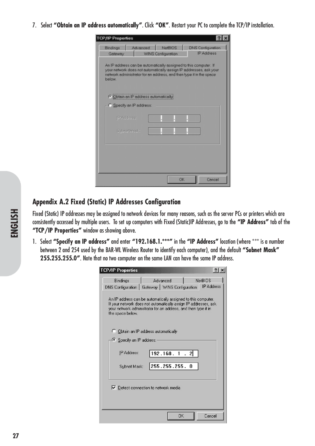 Corega 613-00041-01 manual Appendix A.2 Fixed Static IP Addresses Configuration 