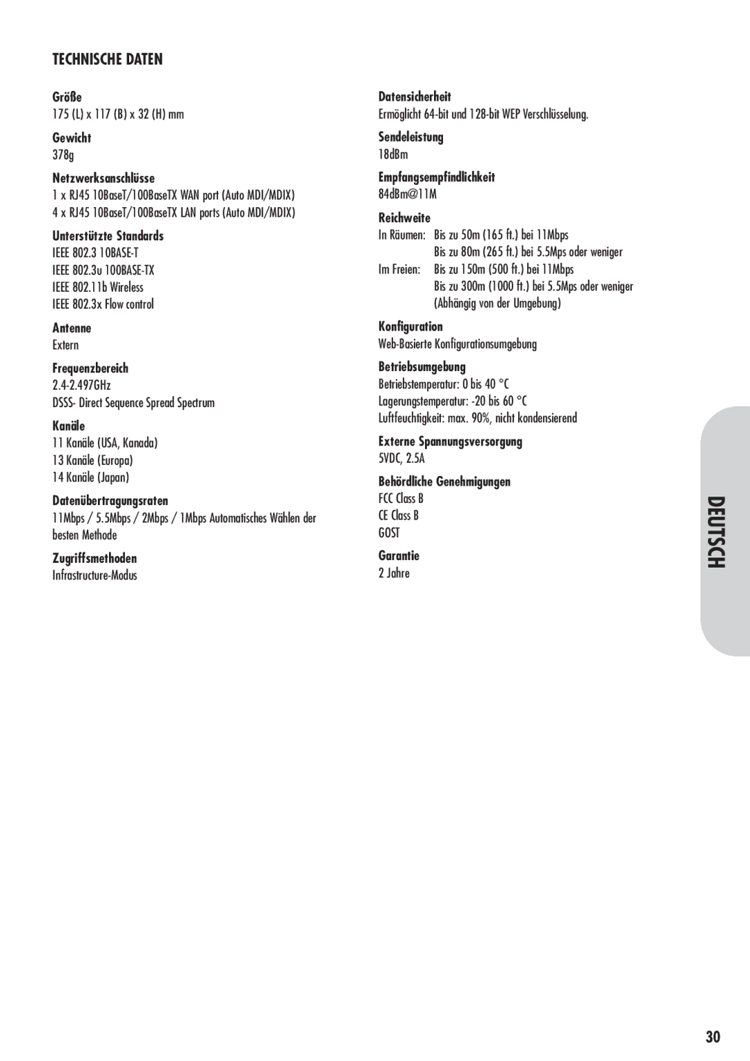 Corega 613-00041-01 manual Technische Daten, Netzwerksanschlüsse 