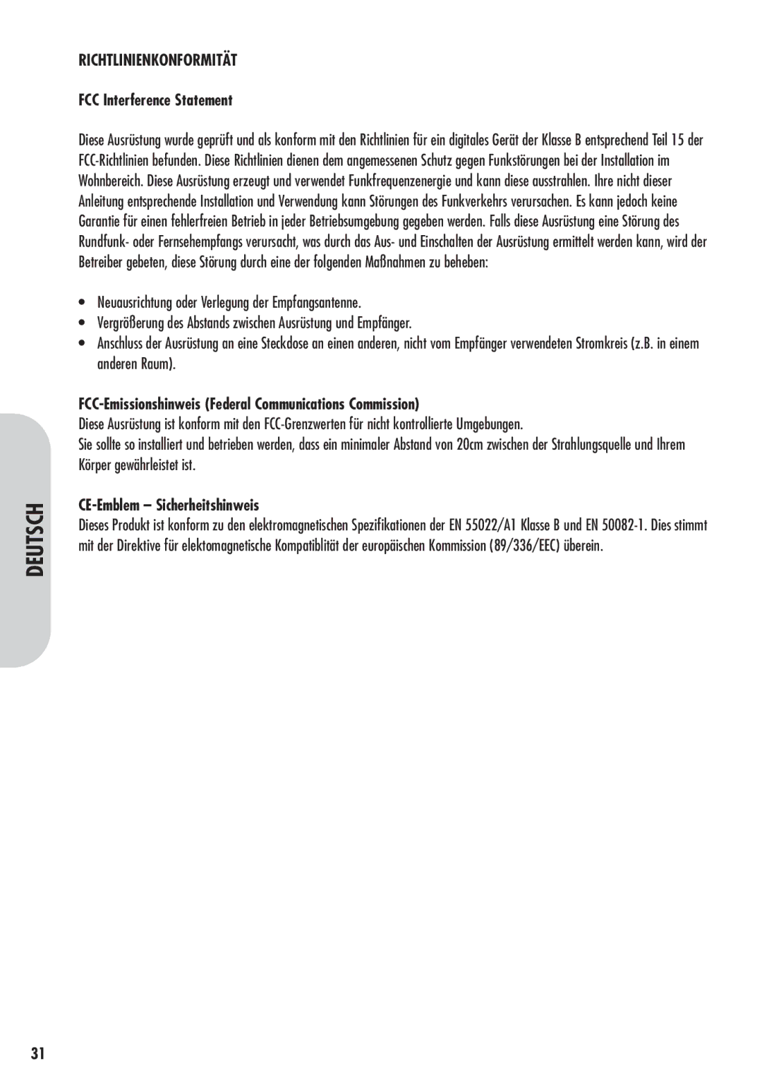 Corega 613-00041-01 manual Richtlinienkonformität, FCC-Emissionshinweis Federal Communications Commission 