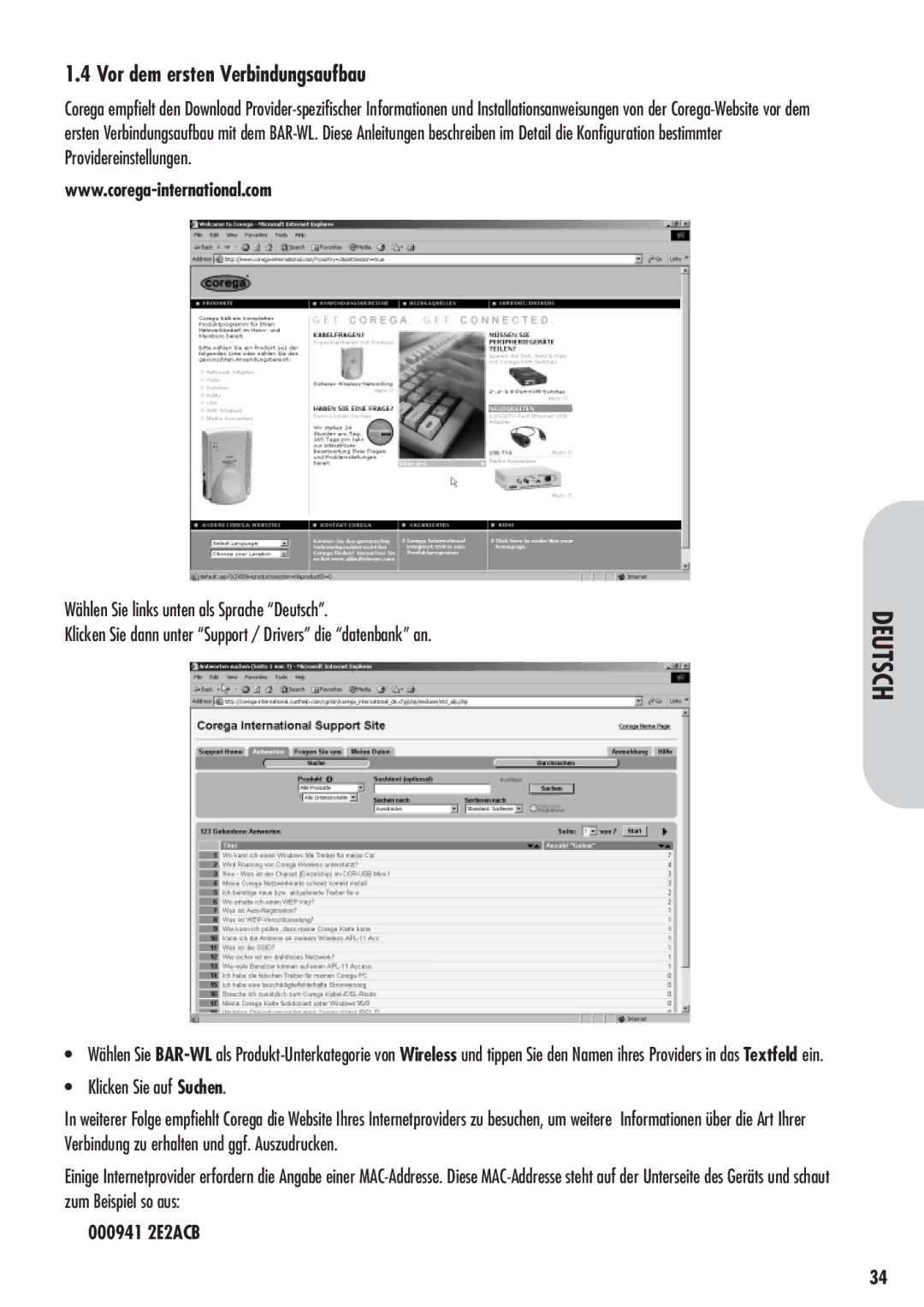 Corega 613-00041-01 manual Vor dem ersten Verbindungsaufbau, 000941 2E2ACB 