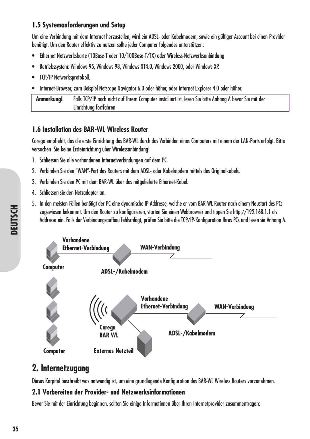 Corega 613-00041-01 manual Systemanforderungen und Setup, Installation des BAR-WL Wireless Router 