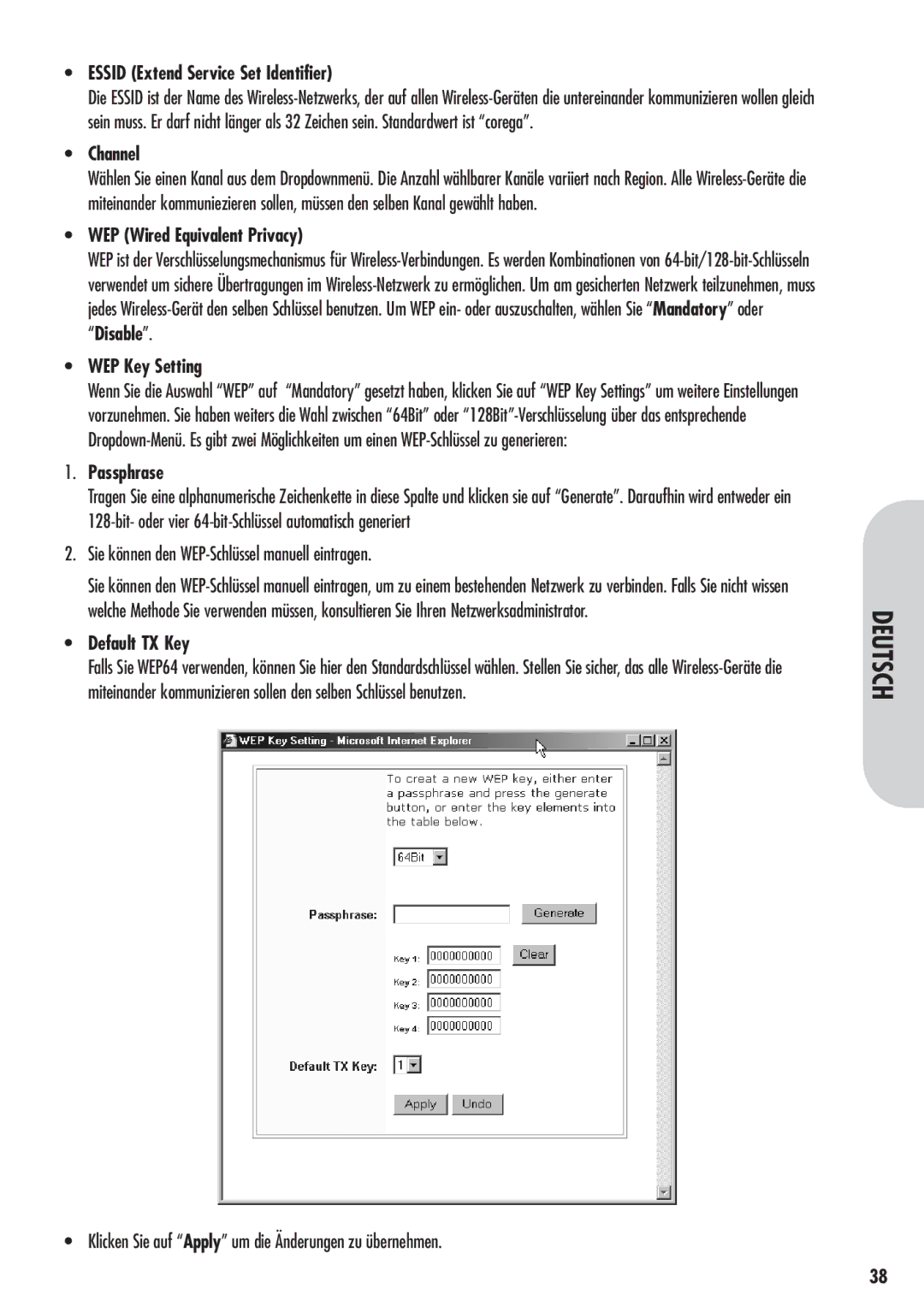 Corega 613-00041-01 Sie können den WEP-Schlüssel manuell eintragen, Klicken Sie auf Apply um die Änderungen zu übernehmen 