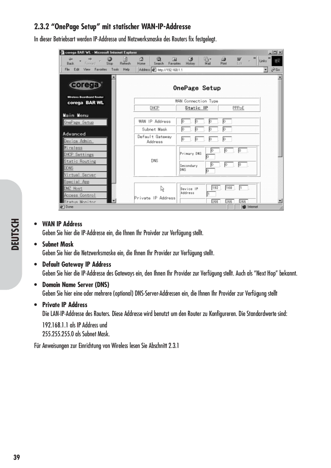 Corega 613-00041-01 manual OnePage Setup mit statischer WAN-IP-Addresse, WAN IP Address 